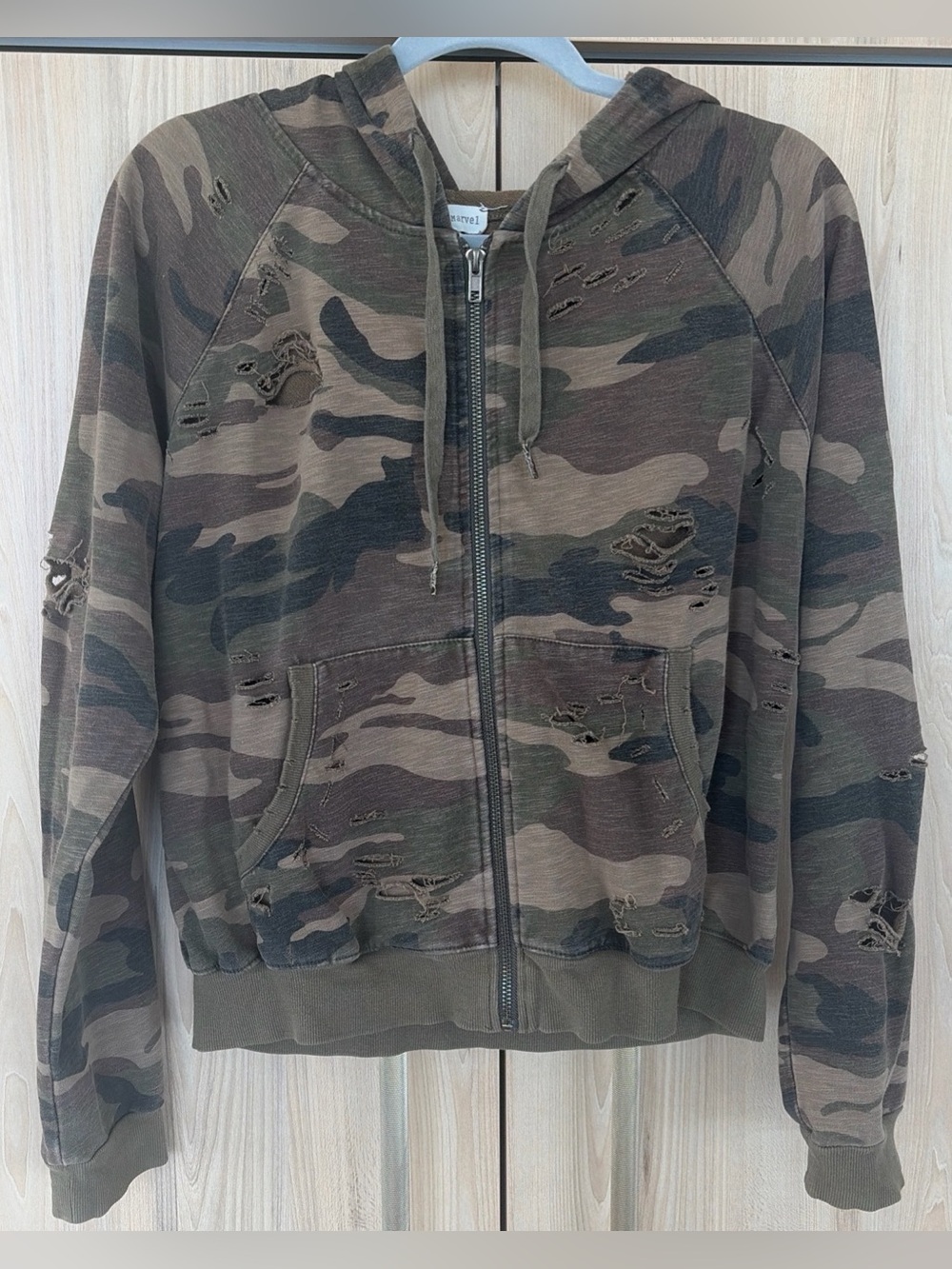 Dance & Marvel Camo Zip Up Hoodie Women’s Medium Grunge Y2K Distressed Cotton